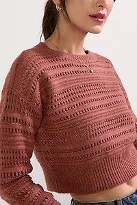 Clarissa Crewneck Pointelle Crop Pullover Rust