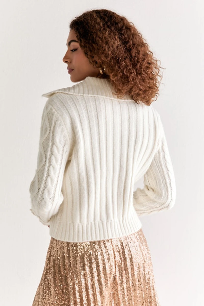 Estela Cable Faux Fur Collar Cardigan Cream