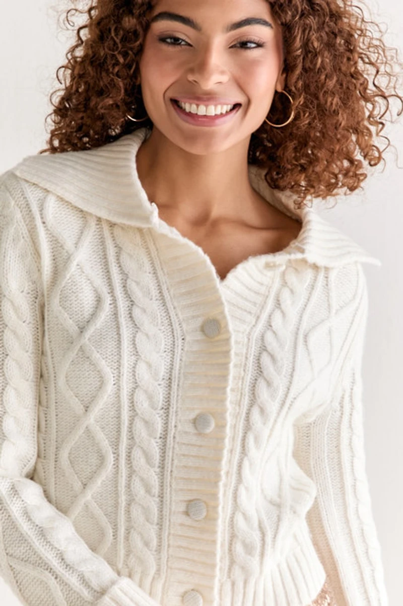 Estela Cable Faux Fur Collar Cardigan Cream