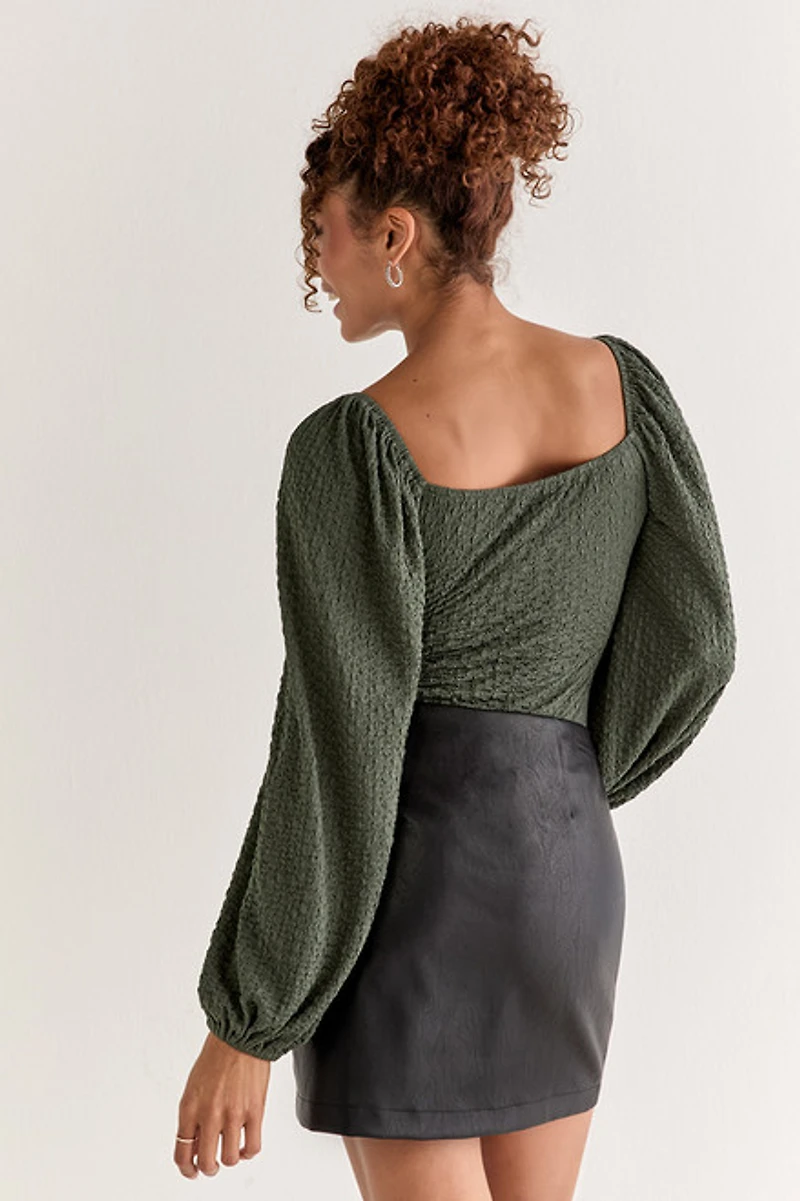 Ethel Puff Sleeve Texured Knit Bodysuit Olive Green