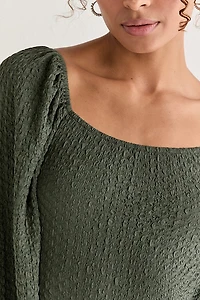 Ethel Puff Sleeve Texured Knit Bodysuit Olive Green