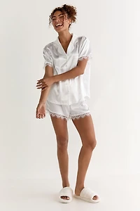 Emilia Short Sleeve Lace Trim Satin PJ Set White