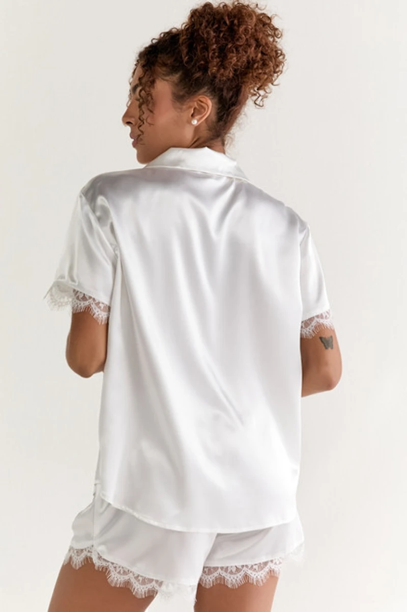 Emilia Short Sleeve Lace Trim Satin PJ Set White