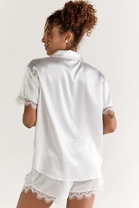 Emilia Short Sleeve Lace Trim Satin PJ Set White