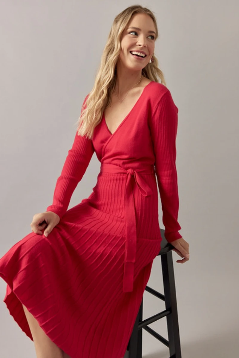 Eleanor Tie Waist Wrap Sweater Midi Dress