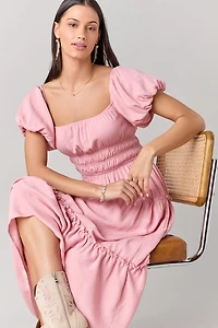 Emma Puff Sleeve Tiered Midi Dress Pink