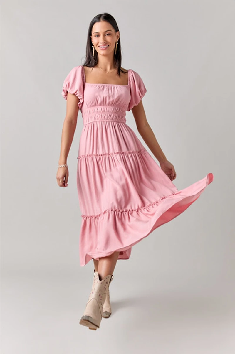 Emma Puff Sleeve Tiered Midi Dress Pink