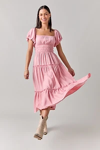 Emma Puff Sleeve Tiered Midi Dress Pink