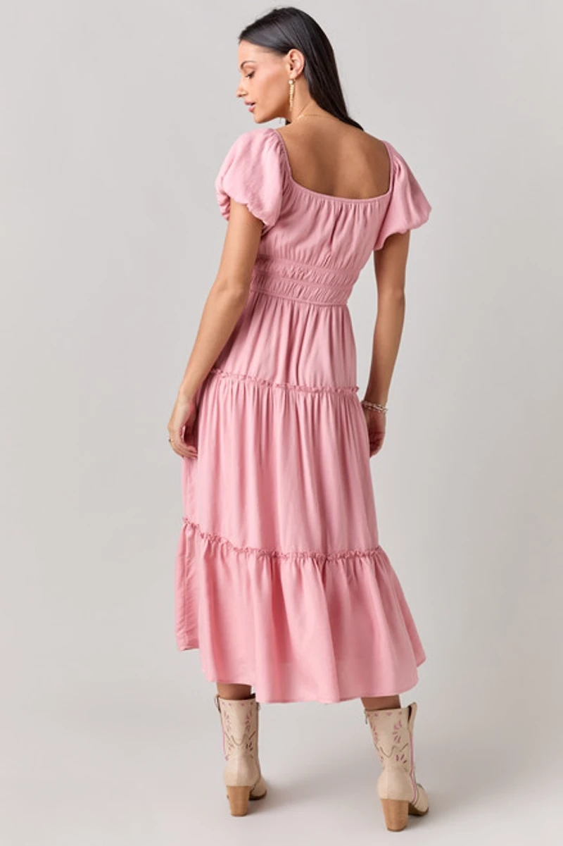Emma Puff Sleeve Tiered Midi Dress Pink