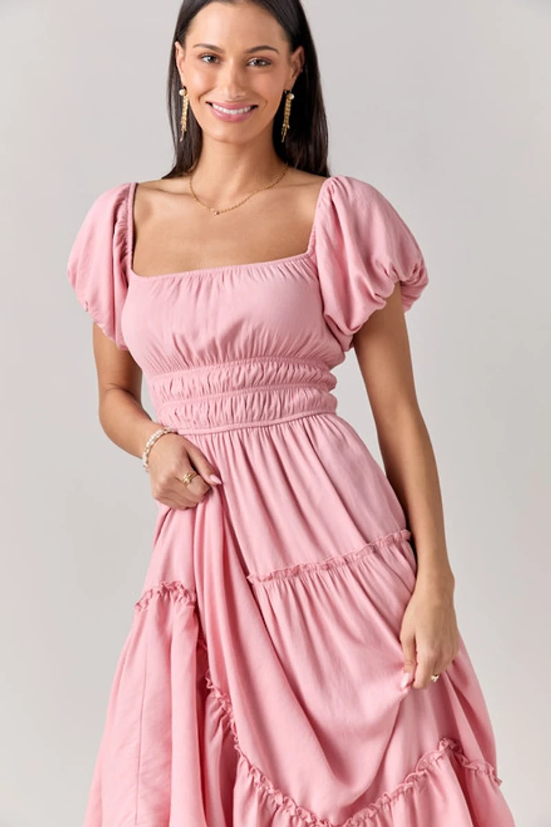 Emma Puff Sleeve Tiered Midi Dress Pink