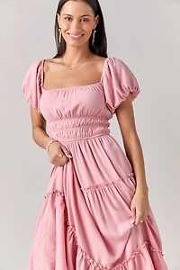 Emma Puff Sleeve Tiered Midi Dress Pink