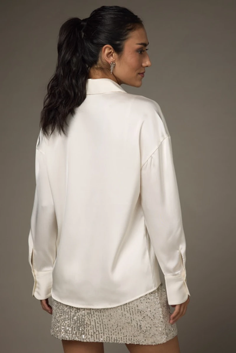 Nora Drop Shoulder Satin Button Down Shirt Cream