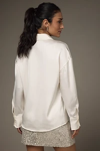 Nora Drop Shoulder Satin Button Down Shirt Cream