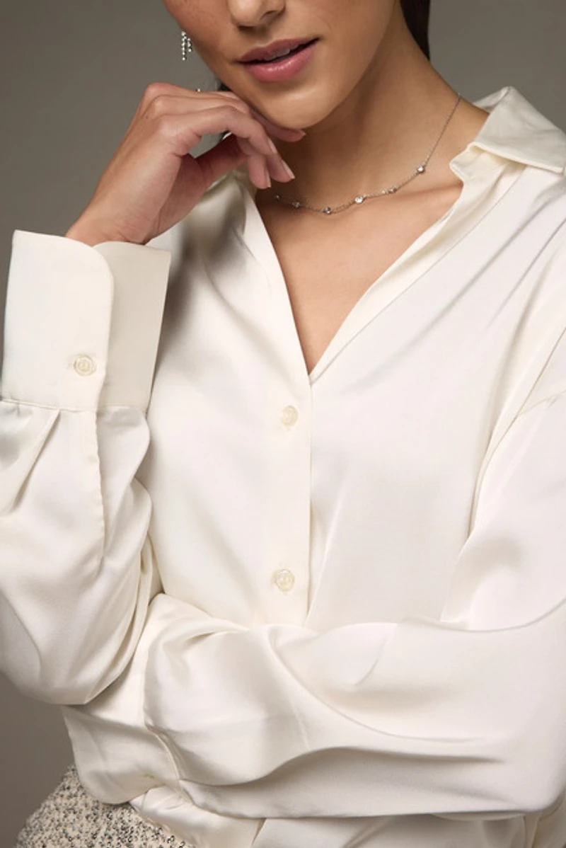 Nora Drop Shoulder Satin Button Down Shirt Cream