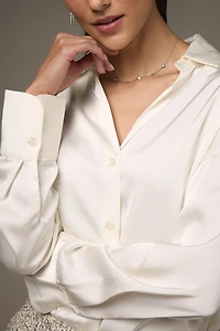Nora Drop Shoulder Satin Button Down Shirt Cream