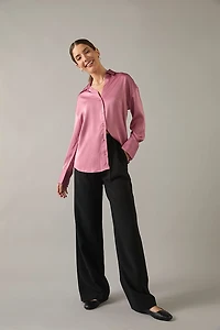Nora Drop Shoulder Satin Button Down Shirt Mauve