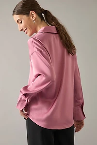 Nora Drop Shoulder Satin Button Down Shirt Mauve