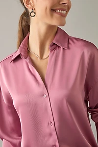 Nora Drop Shoulder Satin Button Down Shirt Mauve