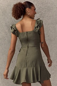 Faye Tie Waist Ruffle Hem Mini Dress Olive Green