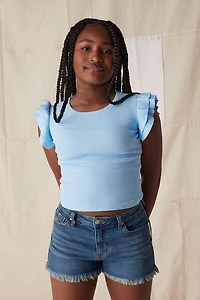 Hello Franki Sleeveless Ribbed Ruffle Tee for girls Light Blue