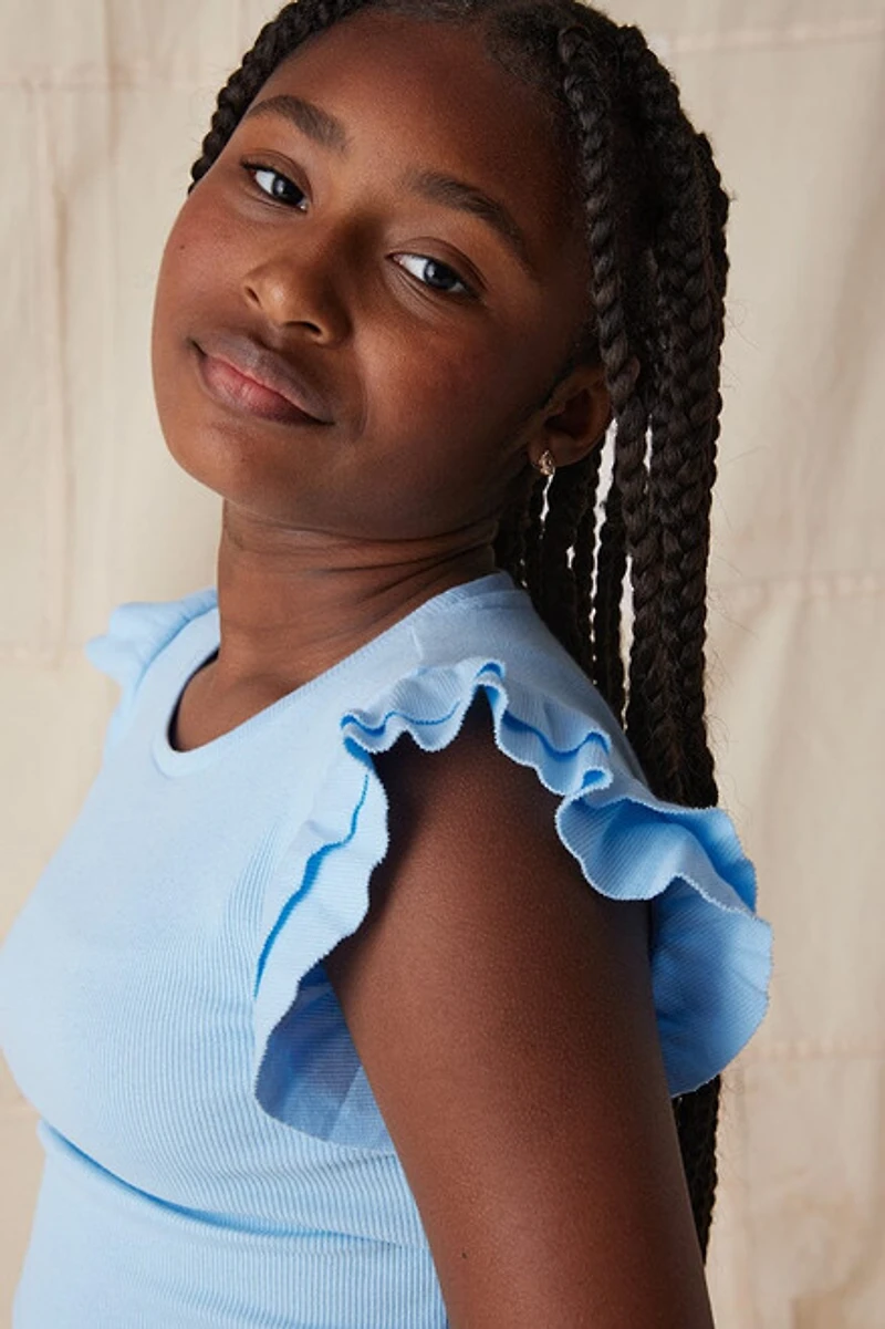 Hello Franki Sleeveless Ribbed Ruffle Tee for girls Light Blue