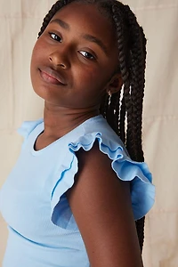 Hello Franki Sleeveless Ribbed Ruffle Tee for girls Light Blue