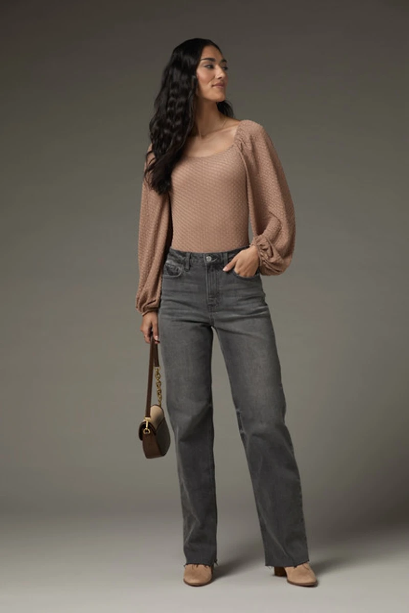 Ethel Puff Sleeve Texured Knit Bodysuit Taupe