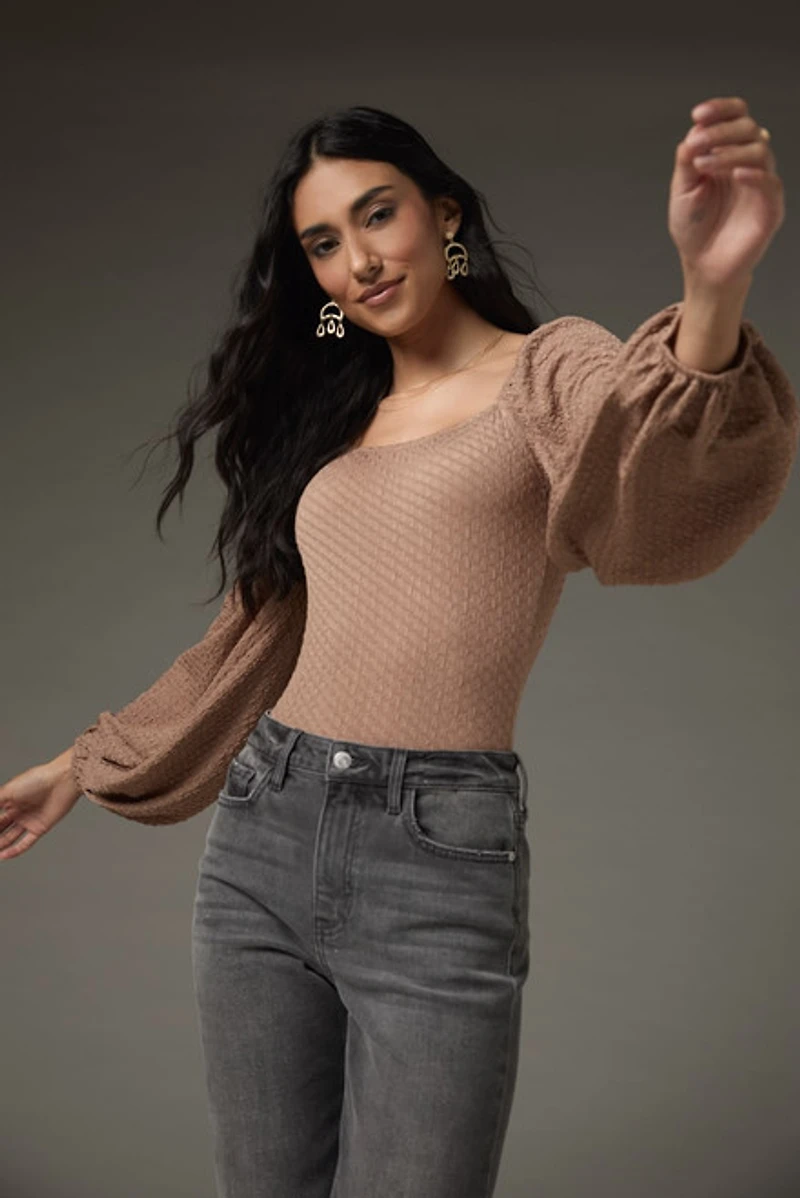 Ethel Puff Sleeve Texured Knit Bodysuit Taupe