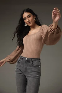 Ethel Puff Sleeve Texured Knit Bodysuit Taupe