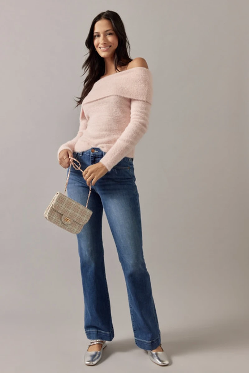 Nancy Fuzzy Off Shoulder Pullover Sweater Pink