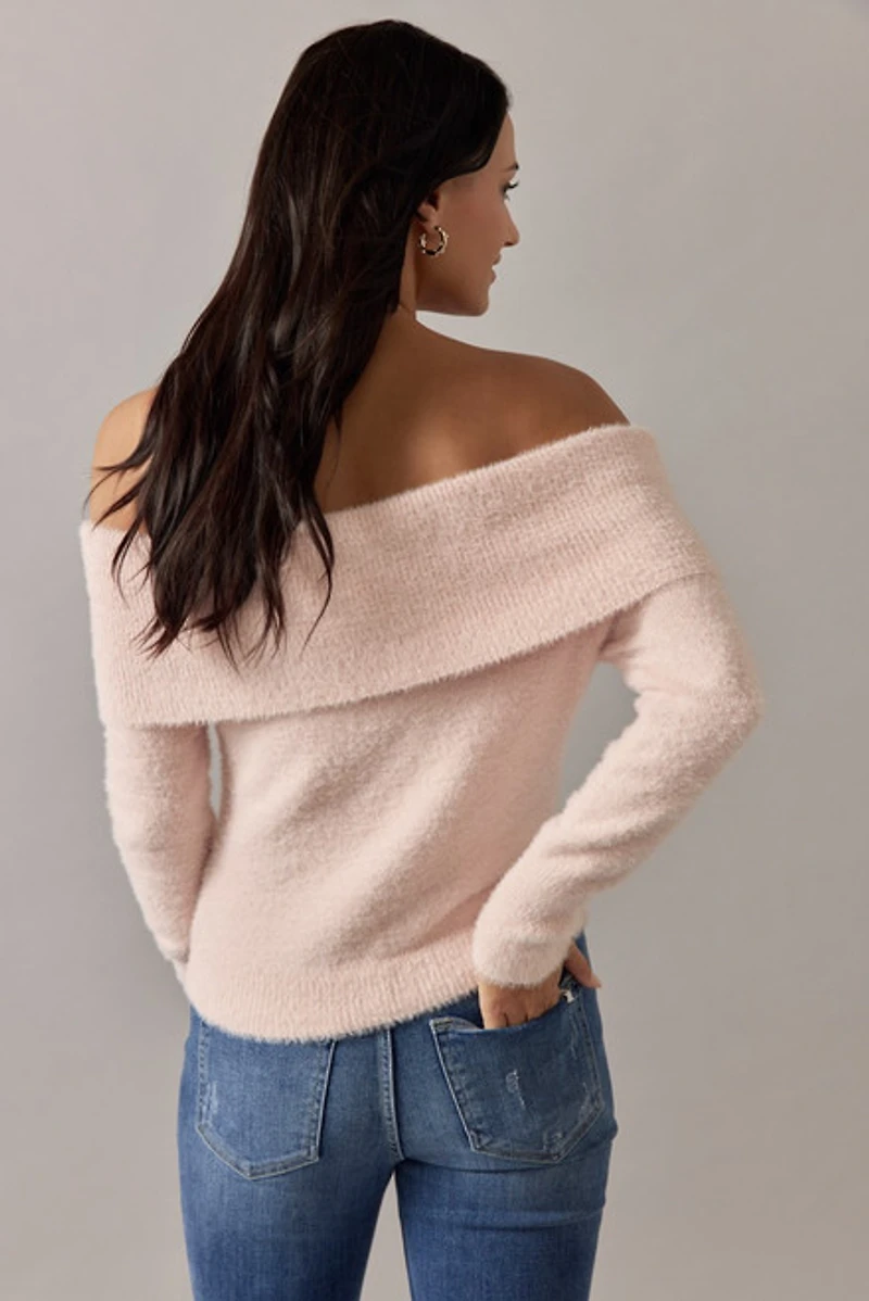 Nancy Fuzzy Off Shoulder Pullover Sweater Pink