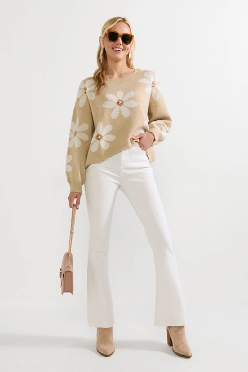 Matilda Pearl Daisy Pattern Pullover Sweater Taupe