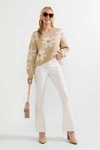 Matilda Pearl Daisy Pattern Pullover Sweater Taupe