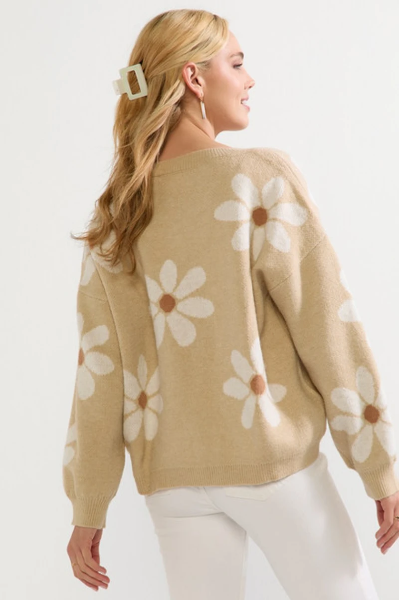 Matilda Pearl Daisy Pattern Pullover Sweater Taupe