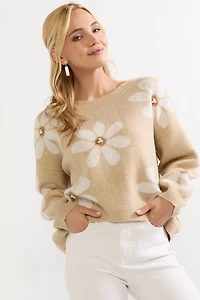 Matilda Pearl Daisy Pattern Pullover Sweater Taupe