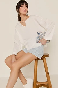 Claire Slouchy Fit Notch Neck Long Sleeve Top Ivory