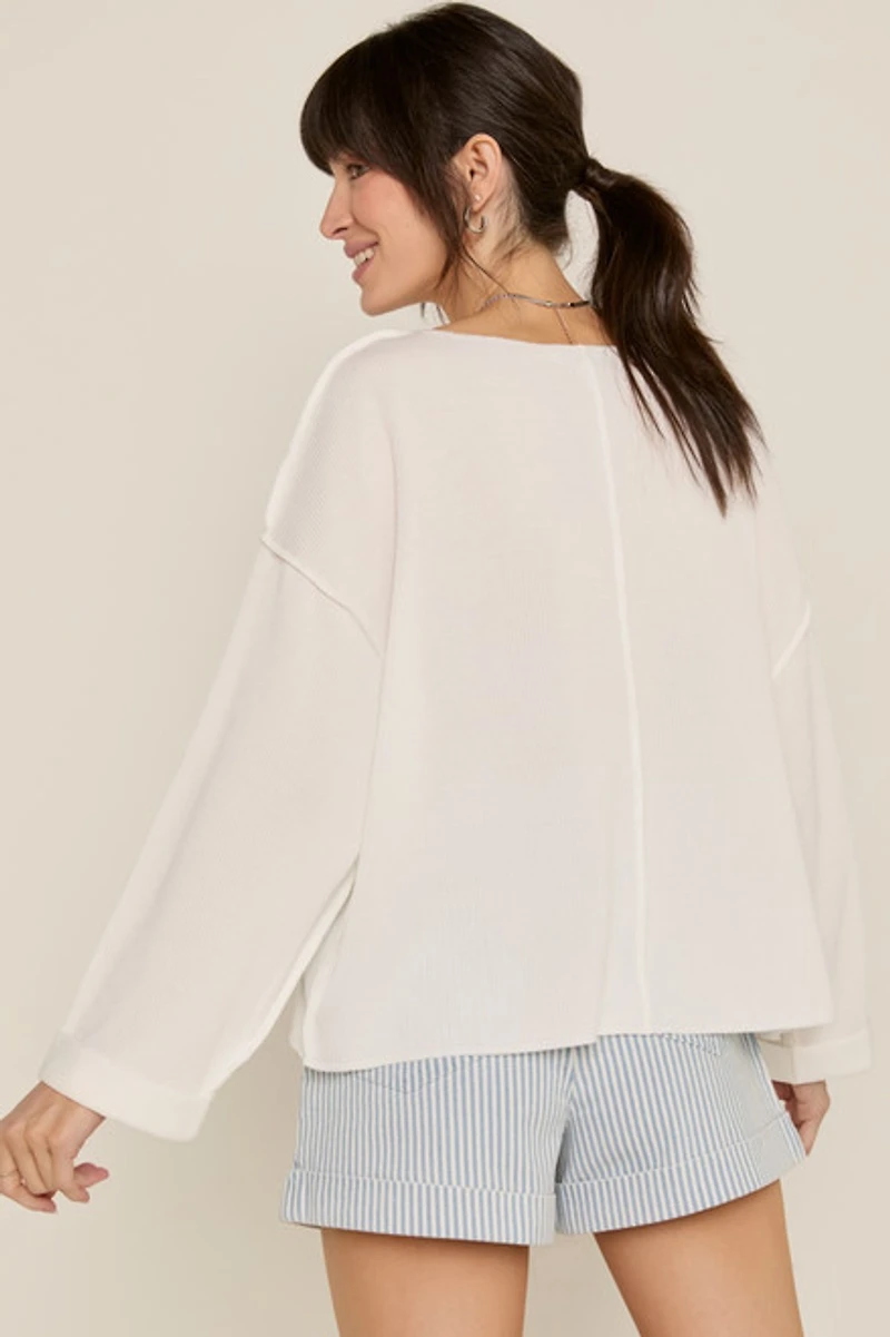 Claire Slouchy Fit Notch Neck Long Sleeve Top Ivory
