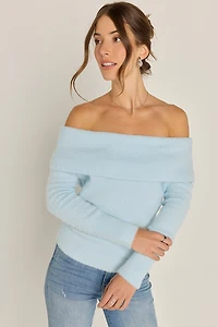 Nancy Fuzzy Off Shoulder Pullover Sweater Light Blue
