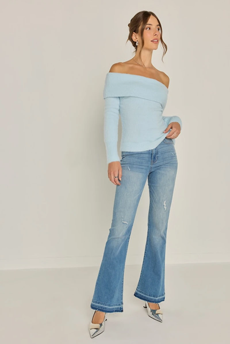 Nancy Fuzzy Off Shoulder Pullover Sweater Light Blue