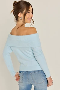 Nancy Fuzzy Off Shoulder Pullover Sweater Light Blue
