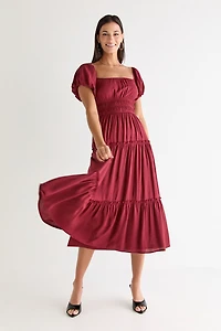 Emma Puff Sleeve Tiered Midi Dress Burgundy