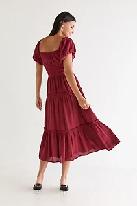 Emma Puff Sleeve Tiered Midi Dress Burgundy