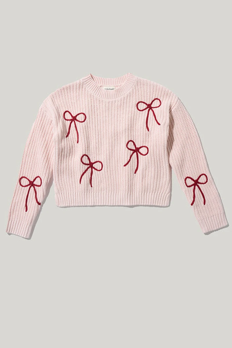 Hello Franki Bow Embellished Pullover Sweater for Girls Light