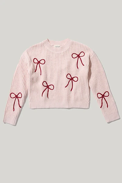 Hello Franki Bow Embellished Pullover Sweater for Girls Light