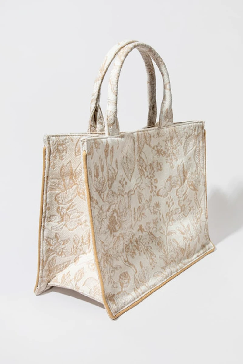 Jeanna Floral Canvas Tote Bag Beige