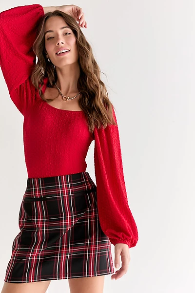 Ethel Puff Sleeve Texured Knit Bodysuit Bright Red