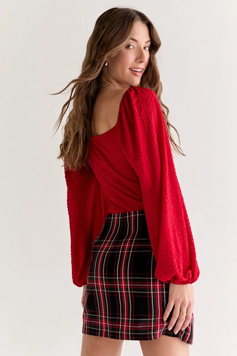 Ethel Puff Sleeve Texured Knit Bodysuit Bright Red