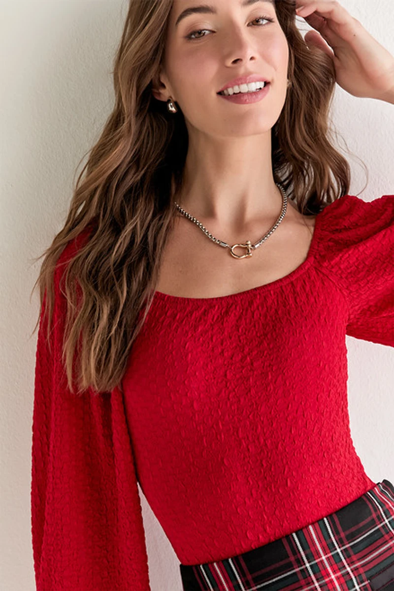 Ethel Puff Sleeve Texured Knit Bodysuit Bright Red