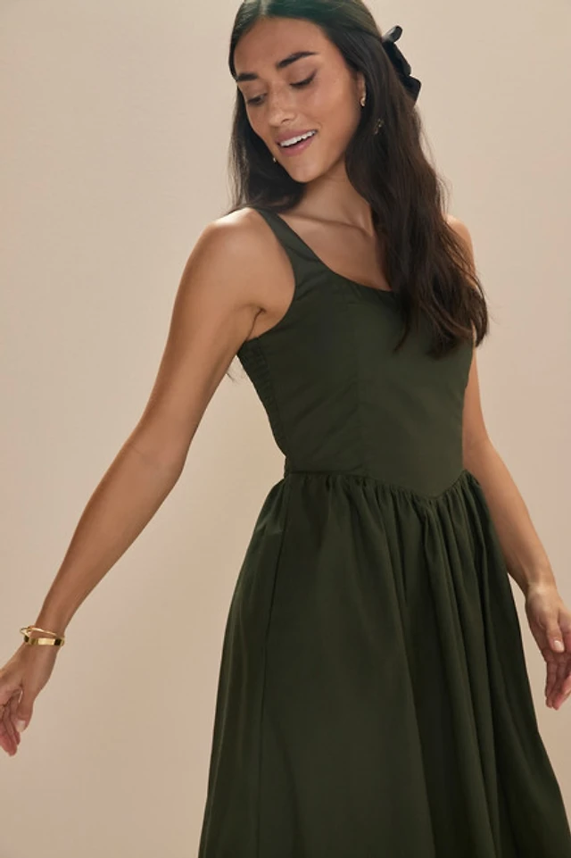 Francesca's Rhiannon Corset Top Midi Dress Olive Green
