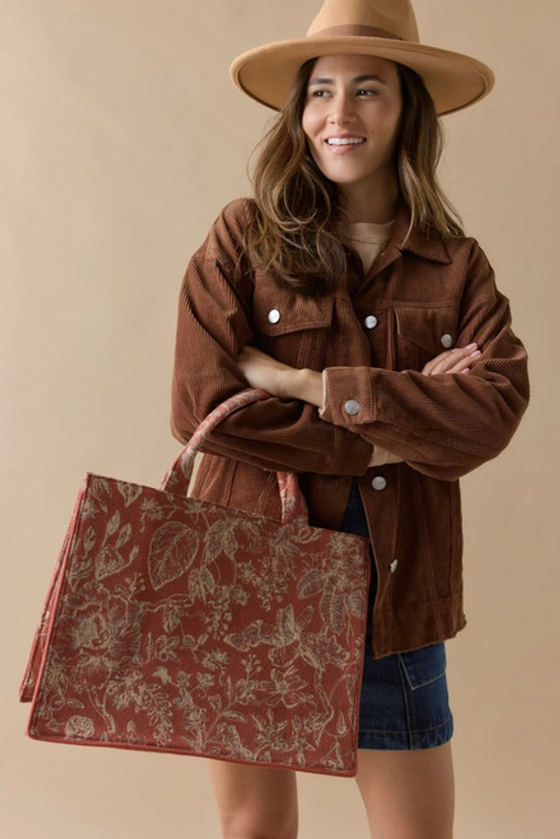 Jeanna Floral Canvas Tote Bag Rust